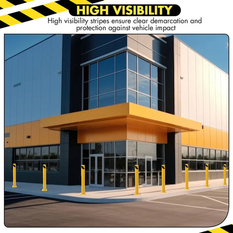 Hella Sturdy Removable Steel Bollards Surface Mounted Parking Barrier 2 Pack Yellow Traffic Posts in front of a commercial building.