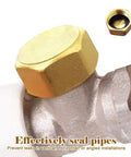 Two Pack Half Inch Brass Blanking Caps With Gasket, Female Thread Nut Caps For Plumbing Fittings And Valves installed on pipe.
