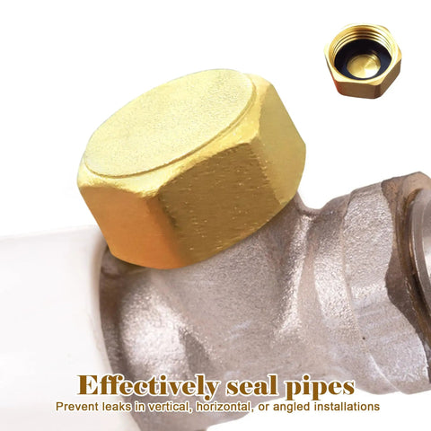 Two Pack Half Inch Brass Blanking Caps With Gasket, Female Thread Nut Caps For Plumbing Fittings And Valves installed on pipe.
