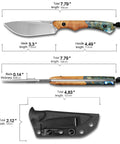 Rugged Outdoor Fixed Blade Knife With 3.3 Inch DC53 Steel Blade Built For EDC And Adventure Resin Fused Maple Handle And Tough As Nails K Type Tactical Sheath with detailed dimensions.