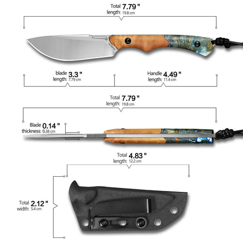 Rugged Outdoor Fixed Blade Knife With 3.3 Inch DC53 Steel Blade Built For EDC And Adventure Resin Fused Maple Handle And Tough As Nails K Type Tactical Sheath with detailed dimensions.