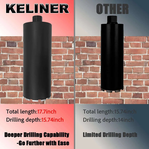 KELINER 4-inch diamond concrete core drill bit (black, laser-welded) shown with an Other bit for depth comparison.