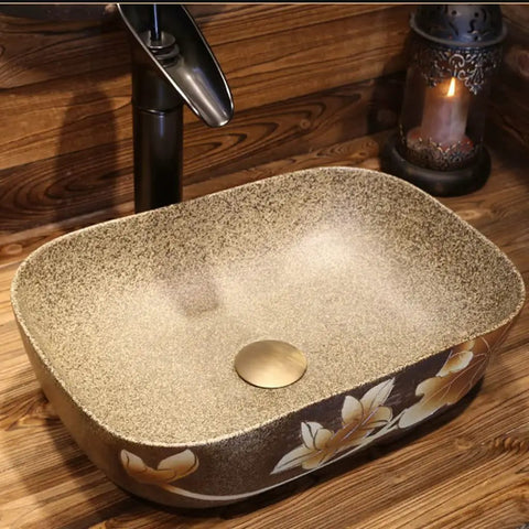 USZWBY Vessel Sinks Bathroom Vanity Sink Vintage Art Countertop Basin Chinese-Style Ceramic Washbasin with floral design