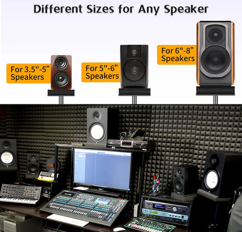 Studio with audio equipment and various sizes of Two Pack Studio Monitor Isolation Pads For 3 To 5 Inch Speakers, High Density Foam Vibration Dampening For Clearer Sound, Acoustic Isolation Pads To Cut Rattle, Fits Most Stands And Desk Setups displayed.