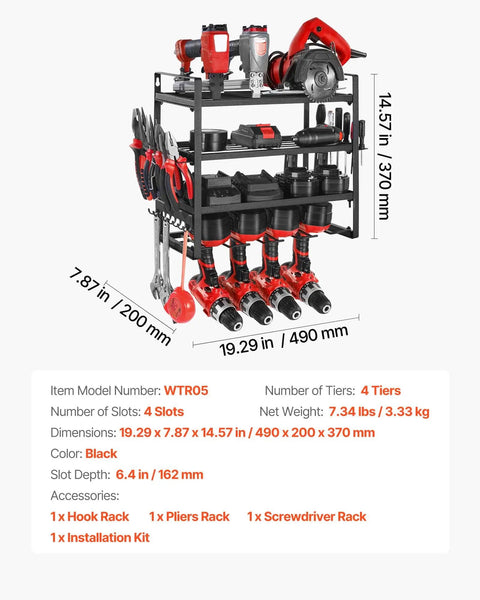 Power Tool Organizer Wall Mount Four Tier Storage Rack With Four Drill Holders And Screwdriver Holder, black steel