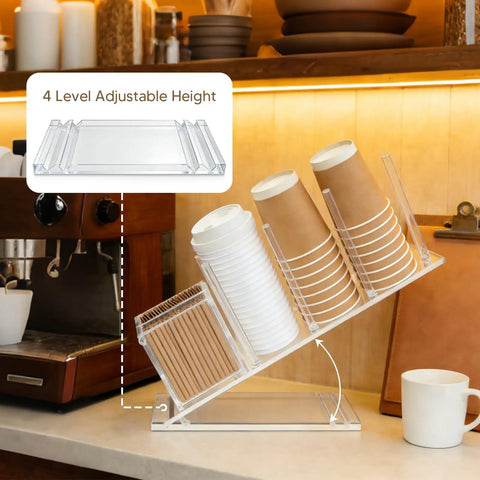 Clear Acrylic Coffee Cup And Lid Holder With Straw Organizer Five Compartment Disposable Cup Dispenser in kitchen setup