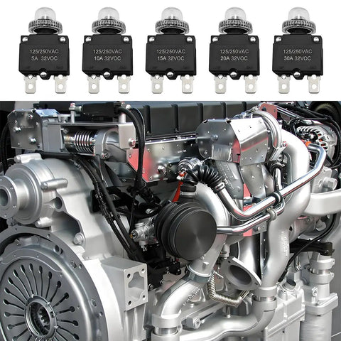 40 Piece Car Thermal Circuit Breaker Set With Manual Reset Push Button next to a car engine, includes 5A to 30A ratings suitable for vehicles.