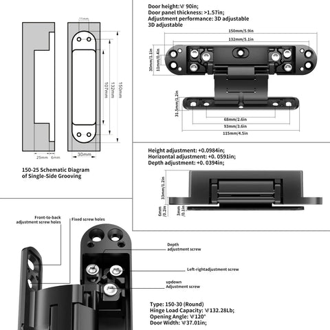 Schematic diagram of Built Tough 6-Inch Hidden Door Hinge With 3 Way Adjustable Concealed Mechanism, showing dimensions and adjustments.
