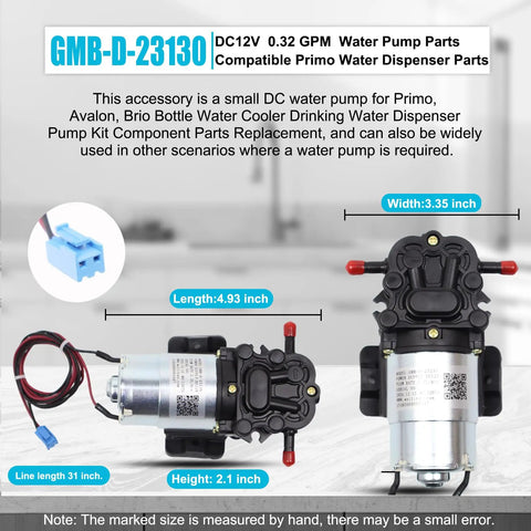 Water Pump Kit for Primo, Avalon, and Brio Bottled Water Dispensers, 12V DC, 0.32 GPM, Replacement DP005A2, Easy DIY Install, Fix Slow or No Water Flow, Keeps Your Water Cooler Pumping, black pump with wiring, 4.93 x 3.35 x 2.1 in