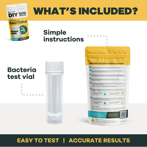 No Sweat At Home Bacteria Water Test Kit For Safe Drinking Water Screening includes bacteria test vial and instructions.