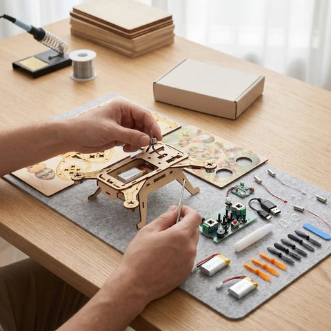 Hands assembling Wooden RC Drone Kit For Beginner Friendly Hobbyists, Beechwood Quadcopter with headless mode parts.