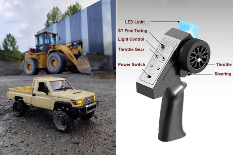 Toyota Land Cruiser 1 Twelfth Scale RC Crawler Truck beside a control remote with labeled functions.