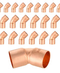Copper Sweat 45 Degree Elbow Fittings One and a Half Inch C to C, 20-Pack, shown in rows with focus on individual fitting