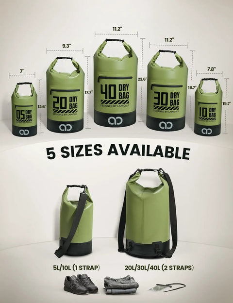 Waterproof Dry Bag With Phone Pouch And Floating Roll Top Backpack 10L Green Built For Everyday Adventures 5 sizes available
