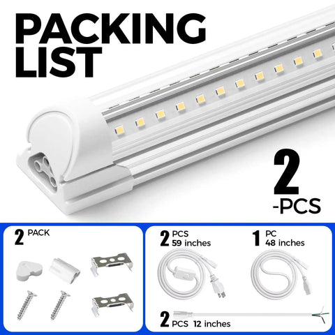 Packing list of 2 pack T8 LED Shop Light 4Ft 40W 5500 Lumens 5000K Daylight With Clear Cover V-Shape Fixture