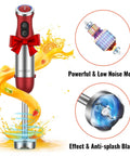 5-In-1 Hand Immersion Blender 1000W Copper Motor with fruit, stainless steel blade, red design, powerful low noise motor.