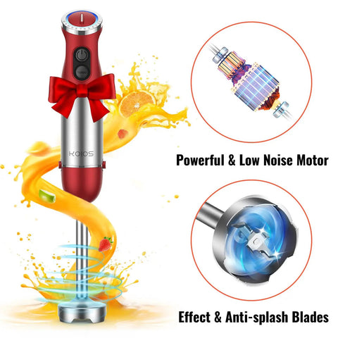 5-In-1 Hand Immersion Blender 1000W Copper Motor with fruit, stainless steel blade, red design, powerful low noise motor.