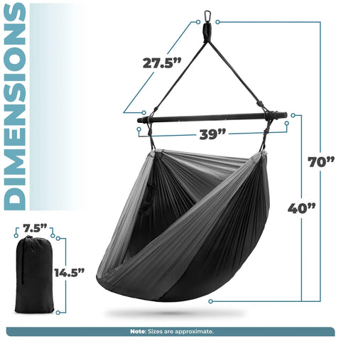 Hanging Hammock Chair Outdoor Swing For Camping And Travel, Collapsible Tree Pod Style with side pocket, dimensions shown