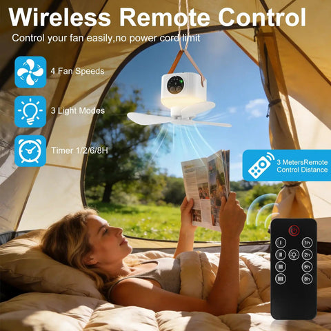 Portable Camping Fan With LED Lights And Remote, 9.25 Inch Wireless Rechargeable Tent Ceiling Fan With Timer in tent