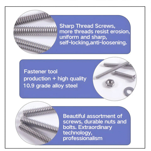 Flat Head M2.5 Stainless Steel Screws Kit 304 Full Thread Fasteners Assortment shown with detailed features and components.