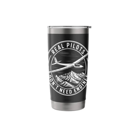 Sailplane Pilot Club Insulated Stainless Steel Tumbler featuring glider design and 'Real Pilots Don't Need Engines' text.