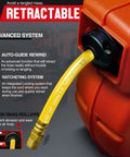 Close-up of retractable 3/8 inch air hose reel with 50 foot PVC hose, heavy duty polypropylene construction, showcasing auto-guide rewind feature.