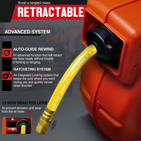 Close-up of retractable 3/8 inch air hose reel with 50 foot PVC hose, heavy duty polypropylene construction, showcasing auto-guide rewind feature.