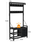 Five In One Entryway Hall Tree With Bench And Coat Rack Freestanding Black Space Saving Shoe Organizer front view with dimensions