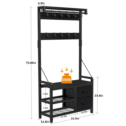 Five In One Entryway Hall Tree With Bench And Coat Rack Freestanding Black Space Saving Shoe Organizer front view with dimensions