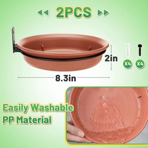 Two Piece Tree Mounted Bird Feeder Tray Set For Outdoors Food And Water Heavy Duty Iron Ring Installs On Wooden Deck Fence 8.3 Inch Diameter Brown Dual Purpose Bird Bath And Feeder For Backyard with 8.3-inch diameter and 2-inch depth, made of washable PP material, shown in brown.