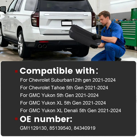 Mechanic installing Chevrolet Suburban Tahoe GMC Yukon Rear Bumper Trailer Hitch Cover Compatible 2021 2022 2023 2024