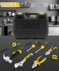 Compact 10 Piece Small Tool Kit Set With Portable Plastic Storage Case For Home Repairs And DIY Projects Like Furniture Assembly, Lighting, Woodworking, Plumbing, Car Maintenance And Everyday Handy Fixes, includes tools in yellow storage case.