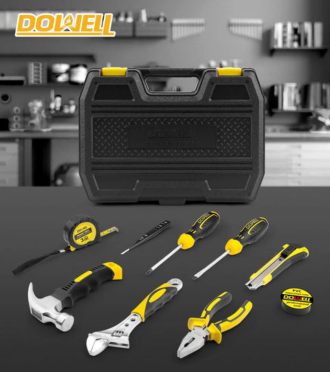 Compact 10 Piece Small Tool Kit Set With Portable Plastic Storage Case For Home Repairs And DIY Projects Like Furniture Assembly, Lighting, Woodworking, Plumbing, Car Maintenance And Everyday Handy Fixes, includes tools in yellow storage case.