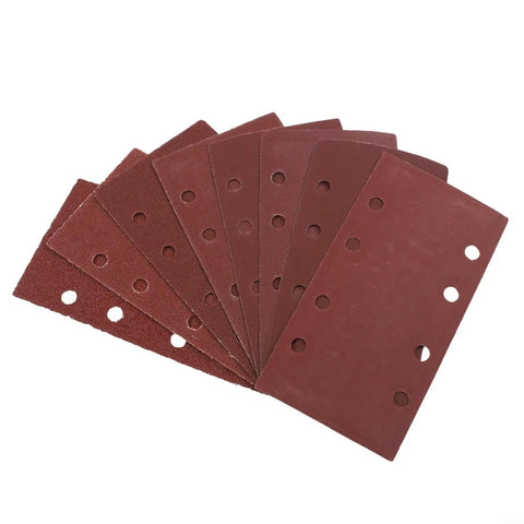 Awesome 80-Piece Premium Sanding Sheets With Durable Grit Assortment For Wood And Metal Projects Resists Clogging And Pilling Like A Boss Long Lasting Grip For Pro Results displaying pre-drilled sanding sheets arranged in a fan shape.