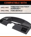 Front view ECOTRIC dash panel bezel, black plastic replacement for 1992–1997 Ford Bronco/F-150/F-250/F-350