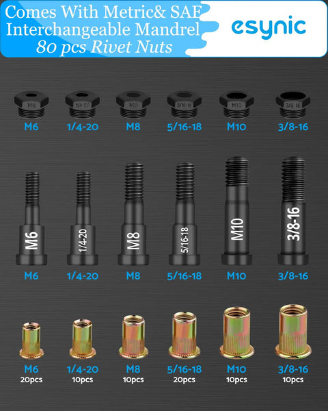 Heavy Duty Rivet Nut Gun Tool Kit With 40% Less Effort And Dual Leverage Design For Fastener Installation Includes Carbon Steel Arms Non Slip Handles plus Eighty Piece Set Of Metric And Sae Mandrels Plus Storage Case, M6 to 3/8-16 mandrels and rivet nuts