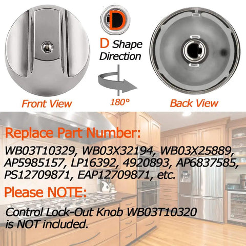 Front and back view of Stove Burner Control Dial Knob Replacement 5 Pack For Cafe Series Gas Stove With Reinforce Rings.