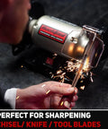 Heavy Duty 6 Inch Low Speed Bench Grinder Featuring Rock Solid Wobble Free Dual Grit Aluminum Oxide Wheels Built Garage Ready For Metal Wood And Workshop Jobs Killing Dust And Rust With Ease And Zero Skip Anytime You Hit Switch, sharpening a tool.