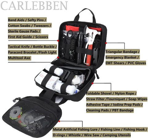 Open view of a survival gear kit for camping and emergencies, first aid ready bugout bag, military-grade tactical kit with MOLLE attachments