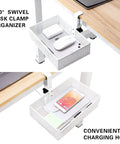 Mesh Desk Organizer With Clamp-On Swivel Pencil Drawer Hidden Under Desk Storage Space Saver And Extra Sturdy C-Clamp Mount Easy Install For Small Desks Home Office And Art Supply Storage White, showing two under-desk mesh trays, one with charger and phone.