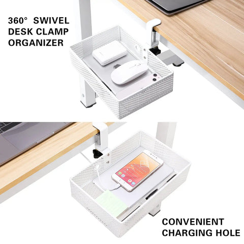 Mesh Desk Organizer With Clamp-On Swivel Pencil Drawer Hidden Under Desk Storage Space Saver And Extra Sturdy C-Clamp Mount Easy Install For Small Desks Home Office And Art Supply Storage White, showing two under-desk mesh trays, one with charger and phone.