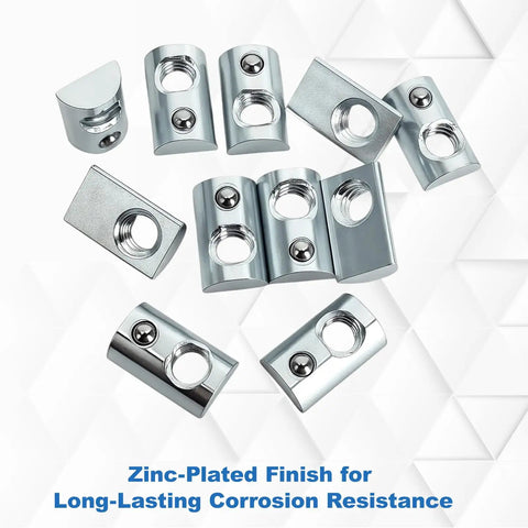 24-Pack 1-4-20 Threaded Roll-In T-Nuts With Ball Springs, Zinc Carbon Steel, corrosion-resistant zinc-plated fasteners.