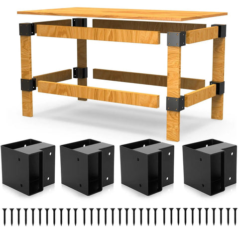 Beefy 8 Piece Workbench Bracket Kit With 64 Screws For DIY Work Table Built To Fit 2x4 Lumber Real Size 1.5x3.5 Inch Right Angle Corner Brackets Black For A Sturdy Shop Setup shown with wood frame and screws
