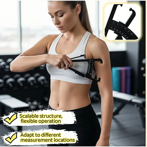Ultra Accurate Body Fat Caliper With Dual Metric And Imperial Scales For Men And Women Portable Skinfold Tester For Home Gym Or Travel Easy Readout And Precise Millimeter Measurements For Real Progress. woman using black plastic body fat caliper on arm