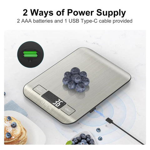 No Fuss Digital Kitchen Scale With 33 Pound Capacity 1 Gram Precision Stainless Steel Surface Type C Charging Or Batteries Ideal For Meal Prep Cooking And Baking with blueberries on top
