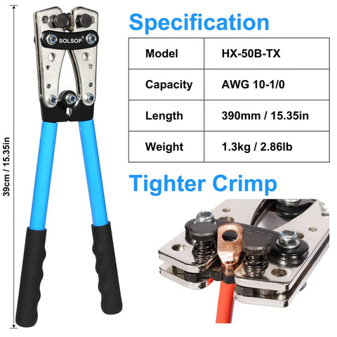 Heavy Duty Battery Cable Crimp Tool With Six Die Set For AWG 10 To One Zero Gauge And 6mm2 To 50mm2 Pro Grade Lug Crimper