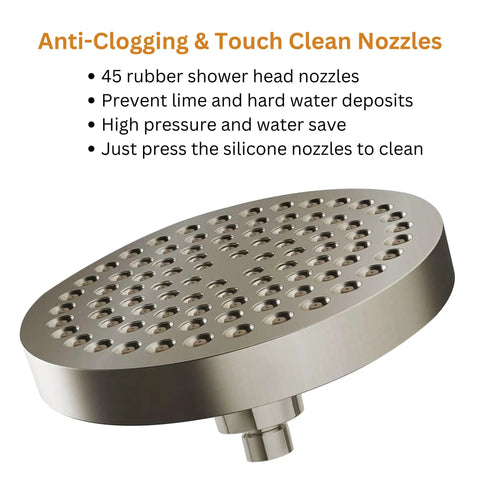 Close-up of brushed nickel fixed shower head with anti-clogging touch clean nozzles, part of High Pressure Shower Head Six Inch For Homes With Low Water Pressure Easy Install Leakproof Fixed Shower Head With Angle Adjustable Swivel Ball Brushed Nickel No More Weak Sprays Hard Water Resistant And Easy To Clean.