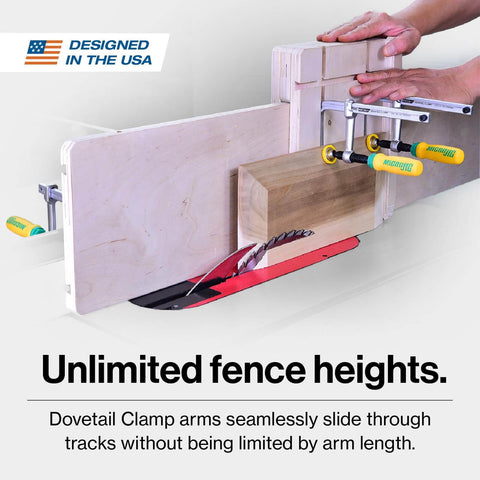 MatchFit Dovetail Clamps for Woodworking Track System Tools 2 Pack Yellow Green Pro Grade Quick Setup on wooden block