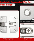 Close-up view of 2-Pack Adjustable Concealed Pie-Cut Corner Hinge Kit for Cabinet Corners, showing metal hinge design and details.