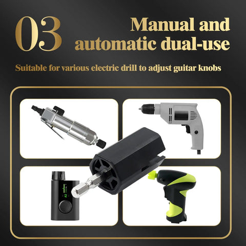 Legit Guitar String Winder Bridge Pin Puller Tool For Musicians showing manual and automatic dual-use with various electric drills.
